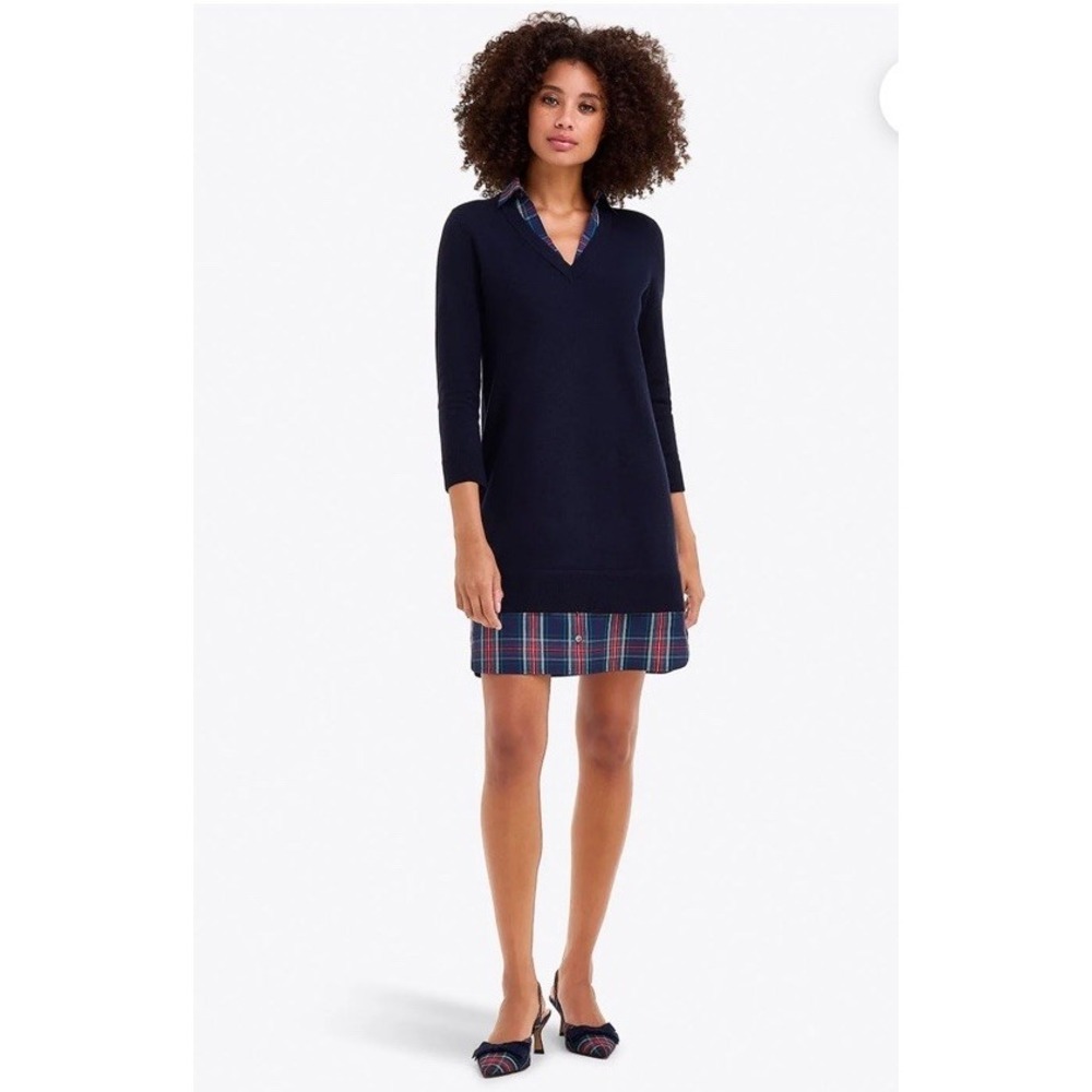 Draper James Navy Sweater Dress Gingham Hem Size‎ S Wool Cotton Blend Collar